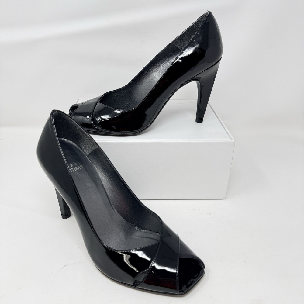 Stuart Weitzman Black Patent Leather Peep Toe Stiletto Heel Pumps 8 M Y2K
